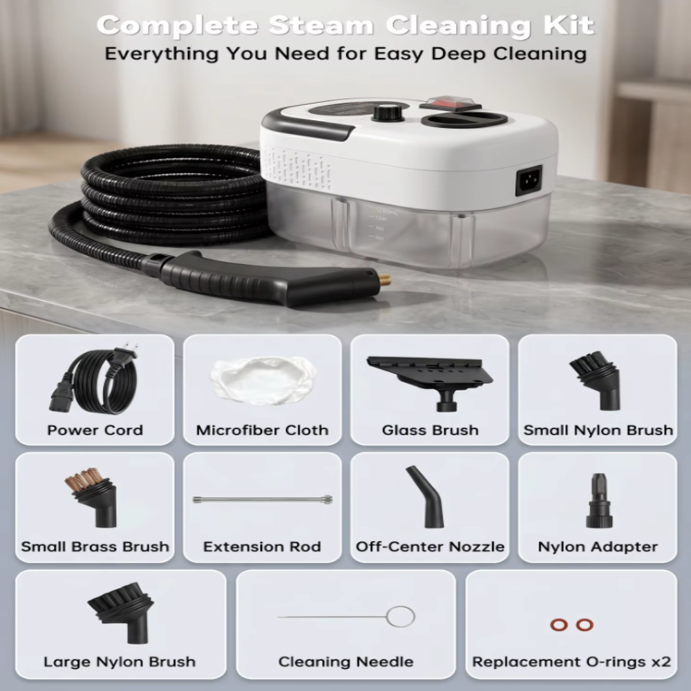 Complete steam cleaning kit: power cord, microfiber cloth, glass brush, nylon brushes, extension rod, and all included accessories