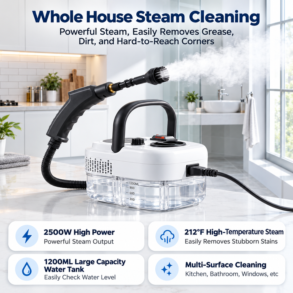 Whole house steam cleaning, powerful steam removes grease and dirt from hard-to-reach corners