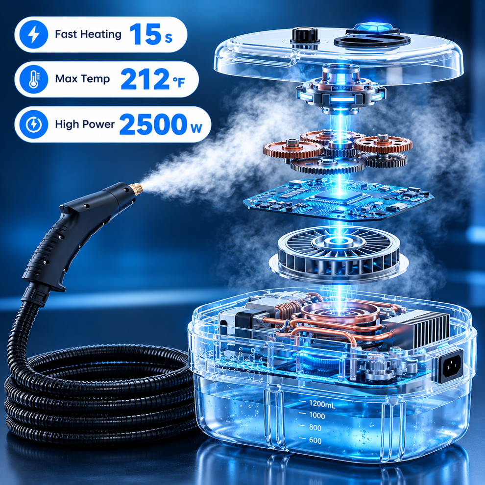 Steam cleaner specifications: 2500W high power, 212°F max temperature, 15 second fast heating