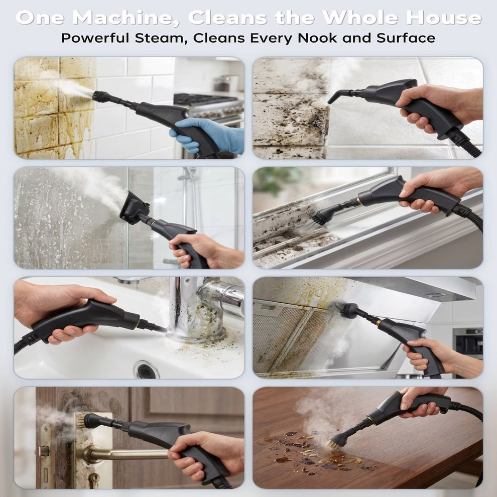 Steam cleaner used on tile, glass shower doors, window tracks, faucets, range hoods, door handles, and wood surfaces
