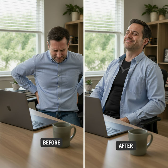 Before and after split image: man slumped in back pain at his desk, then sitting upright and relaxed after wearing AdgYes