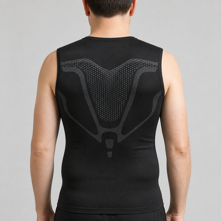 Back view of a man wearing the AdgYes compression vest, showing the mesh compression zone across the upper back