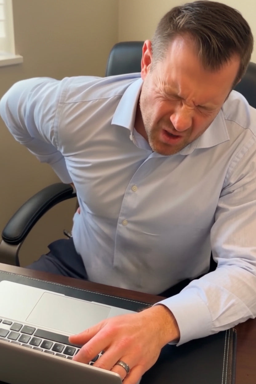 Man wincing in back pain at his desk, hand pressed to his lower back