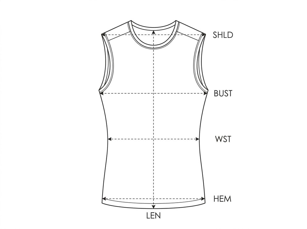 Diagram showing where each measurement is taken on the vest: shoulder width, bust, waist, length, and hem